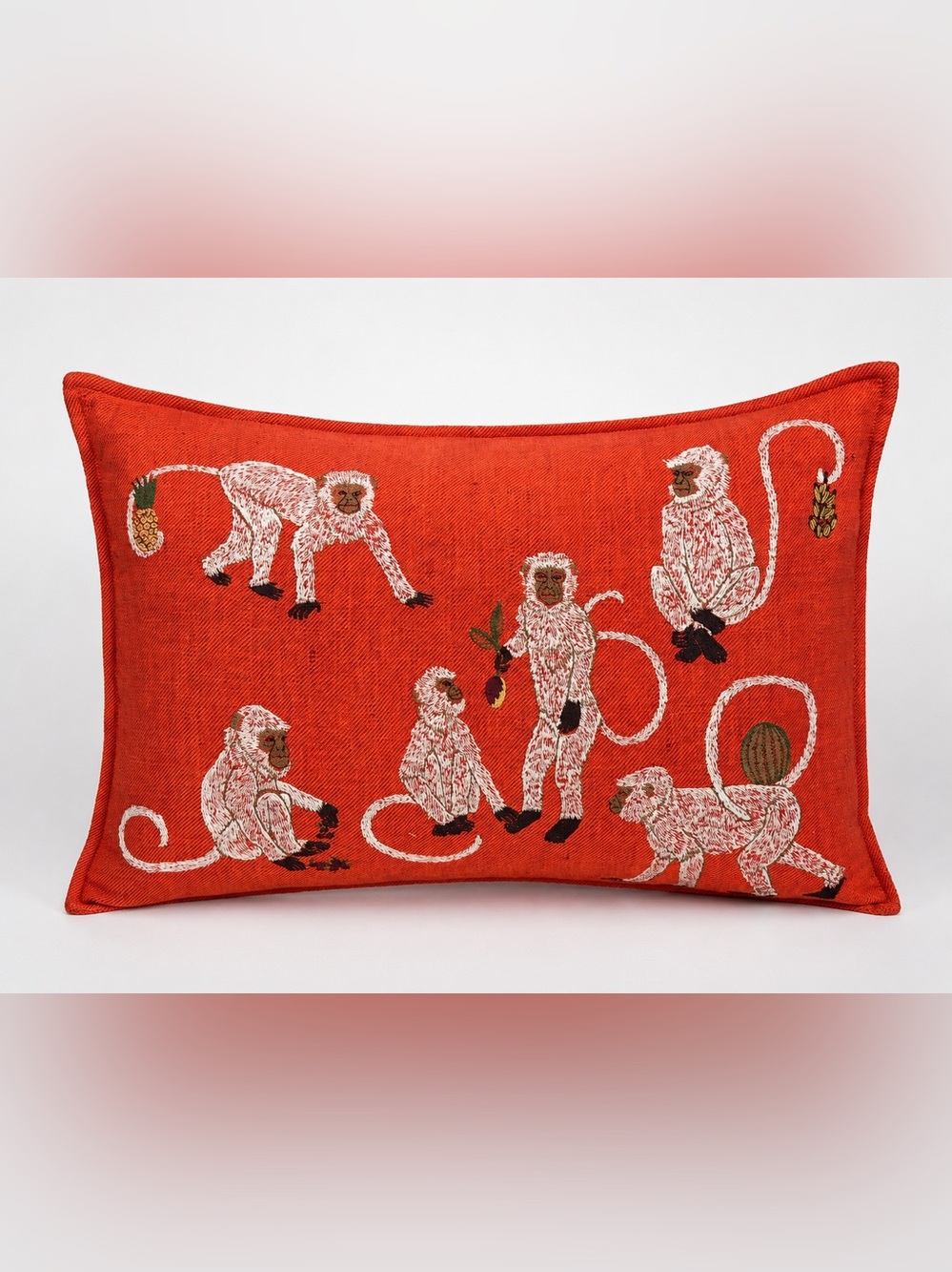 Embroidered Monkey Accent Pillow in Vibrant Orange by Coral & Tusk.  Like new